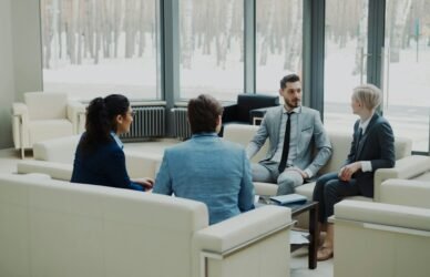 Business partners discussing an agreement in a modern office